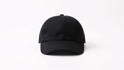 A classic, blank black baseball cap with a structured six-panel design and a curved brim is positioned facing forward on a clean white background, offering an ideal template for headwear branding and 