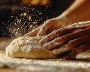 Obraz premium Close up of hands kneading soft Easter bread dough on neutral kitchen surface for culinary blog
