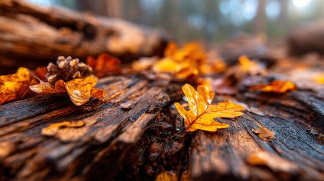 Captured in an autumn forest, vibrant leaves lay scattered on a weathered log, illustrating the beauty and transience of nature's cycle through rich colors and textures.