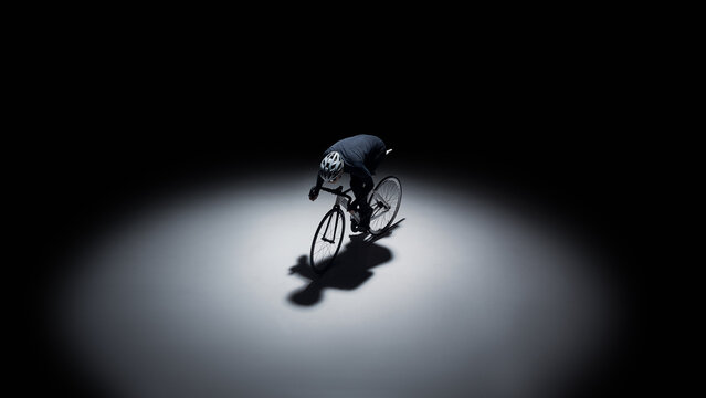 Top angle cyclist on road bike with empty space for advertising layout. Concept of creative sports banner, modern marketing mockup, endurance performance and minimalist campaign background.