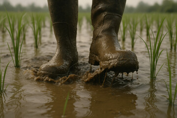Farmer walking in muddy rice paddy field