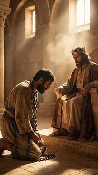 Debtor servant in chains brought before the ancient king vertical video