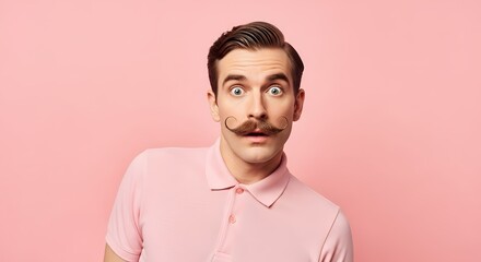 Obraz premium Surprised young man with mustache in pink shirt against pastel background
