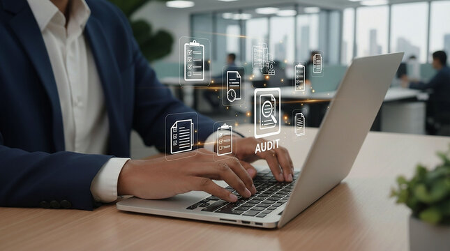 Professional auditor using laptop to review financial documents and digital checklists