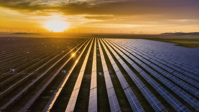 Massive Solar Power Farm At Sunrise With Wind Turbines Horizon