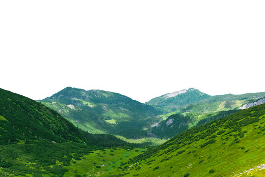 Green mountain valley with layered hills and distant ridges. Isolated object