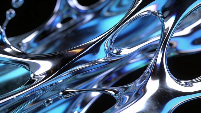 Abstract liquid metal splash with blue reflections, futuristic chrome fluid ripples, metallic mercury texture background for technology design