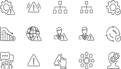 Fototapeta premium Business Risk Management Line Icon Set Featuring Crisis Strategy Warning Symbols Organizational Structure Problem Solving Safety Insurance and Corporate Security Elements