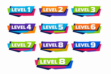 Obraz premium Colorful level progression banners showing gaming stages and achievement milestones