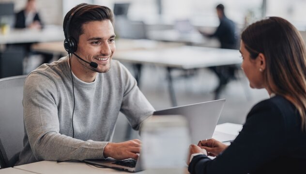 Medium shot of tech support employee assisting customer with password reset on laptop headset visible blurred office environment in background.