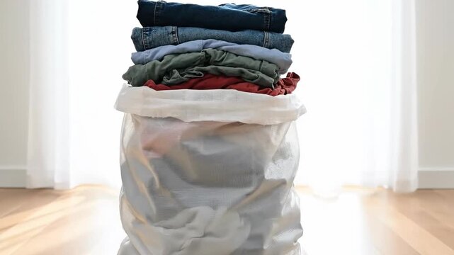 Stack of folded clothes resting on a full white mesh laundry bag. Neat pile of jeans and shirts on a wooden floor in a bright room