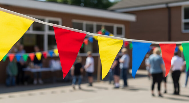 Colorful bunting flags hanging at school event with people celebrating  