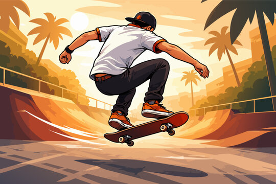 Skateboarder performing ollie trick in skatepark at golden hour with palm trees
