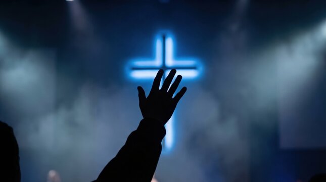 Silhouetted hand raised in worship before a glowing neon cross. Christian concert prayer service at church. Spiritual praise and adoration during Easter Sunday worship celebration.