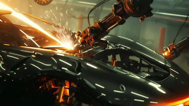 Robotic arm welding futuristic supercar body assembly