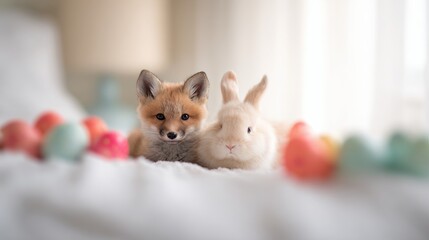 Fototapeta premium Fox and rabbit sit together among colorful eggs on soft surface