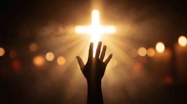 Hand of a woman reaching toward a glowing cross in a dark room. Christian worship scene with bright light rays. Spiritual religious atmosphere for easter or church service event.