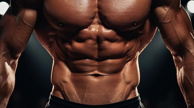 Closeup of a muscular mans torso showcasing ripped abs and strong physique.