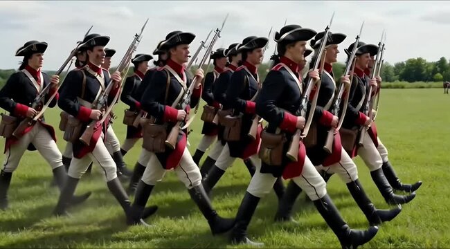 Continental Army Soldiers Marching in Formation on a Grassy Field Under a Partly Cloudy Sky