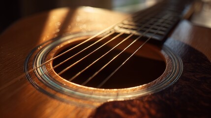 Fototapeta premium Acoustic guitar strings and soundhole illuminated by golden sunlight