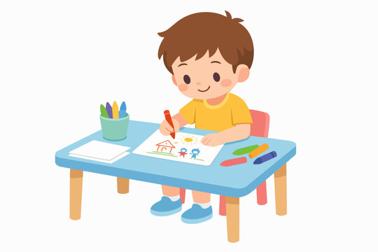 Little boy creating drawing with crayons on desk, expressing childhood creativity