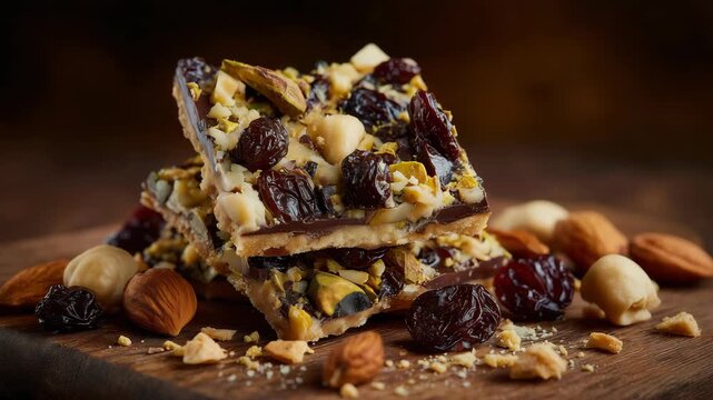 17Elegant chocolate bark with pistachios, hazelnuts, dried cherries, and apricots, crumbs spread across a warm wooden table, soft diffused light, refined dessert photography, artisan