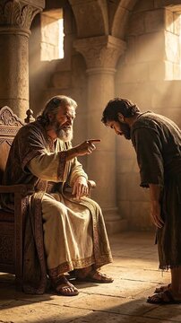 Angry king confronting wicked servant about lack of pity vertical video