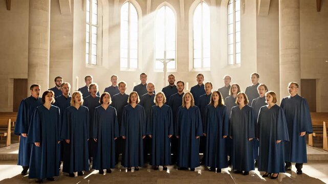 Choir of diverse singers in blue robes performing in a sunlit church, showcasing harmonious expressions and a sacred atmosphere with tall windows and wooden benches