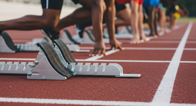 Athletes preparing to start race in starting blocks on track  