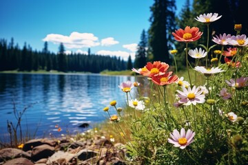 Fototapeta premium Colorful wildflowers blooming on the lake shore with a dense forest and blue sky in the background