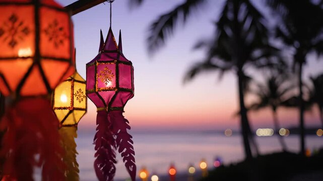 Colorful lanterns with intricate designs hanging against a twilight beach backdrop, showcasing a vibrant atmosphere with palm trees and a serene ocean view