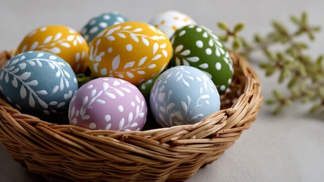 72Easter holiday craft scene, basket of hand-painted pastel eggs, subtle artistic patterns, white background, clean copy space for text