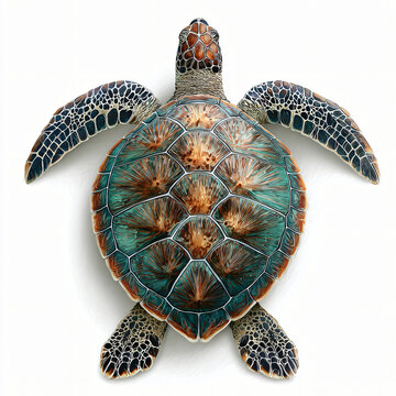 Sea Turtle Top View Isolated on White &ndash; Detailed Marine Wildlife Turtle Shell
