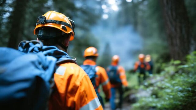 80Defocused firefighter team standing together in dense forest, wearing protective gear and helmets, blurred background emphasizes emergency response and disaster management in wilde