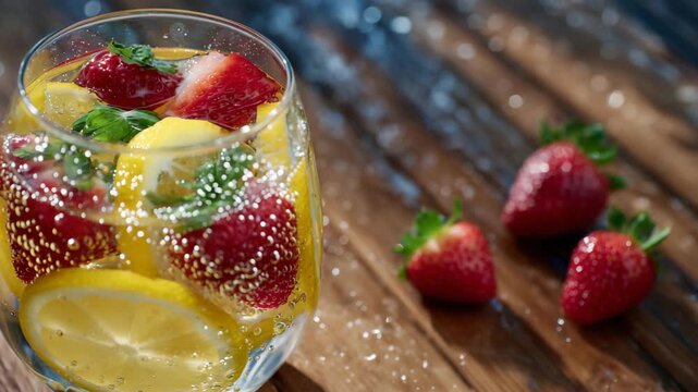 101Macro-style close-up of a glass of fruit water with citrus slices and strawberries, condensation droplets on the glass, wooden tabletop texture visible, shallow depth of field, bri