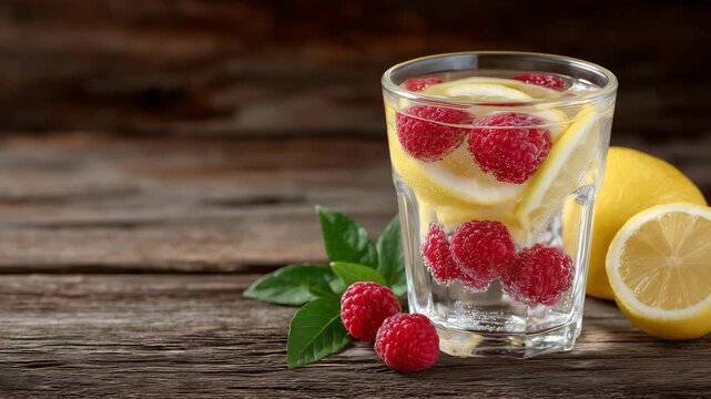 108Clear glass of fruit water with sliced lemon and raspberries, resting on rustic wood, gentle highlights on glass, shallow depth of field, minimal blurred background, healthy refres