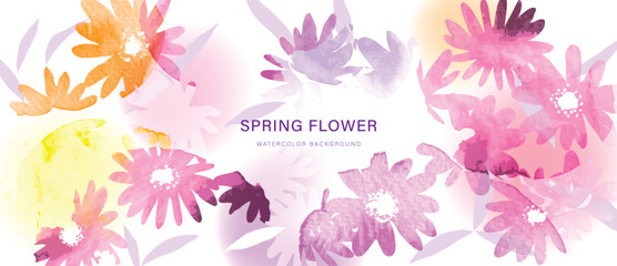 Spring flower watercolor background vector with pink purple and orange floral composition. Soft pastel botanical design for banner, wallpaper, greeting card, invitation and branding. © TWINS DESIGN STUDIO