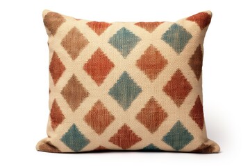 Obraz premium Soft textile cushion displaying a repeating pattern of colored diamonds on white background