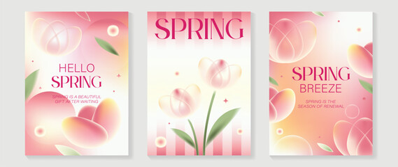Naklejka premium Spring flowers poster vector set. Botanical pastel gradient background and white floral design for spring and summer sale ads, invitation backgrounds, cards, branding, packaging and wall decoration.