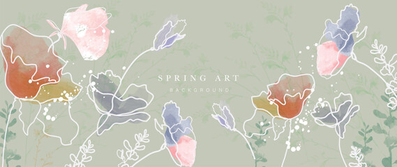 Spring watercolor flower background vector with soft pastel blossom border on sage green backdrop. Elegant botanical floral design for banner, wallpaper, greeting card, invitation, and branding. © TWINS DESIGN STUDIO