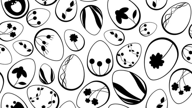 Scrolling Easter pattern. Features black outlines of eggs decorated with floral designs on a white background. A minimalist, modern, black and white holiday animation.
