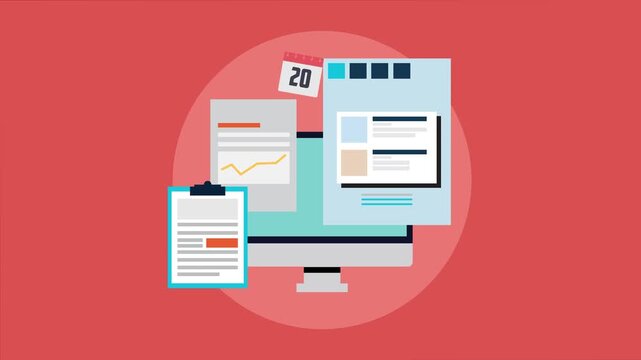 Flat design computer screen with clipboard and documents on red background display monitor