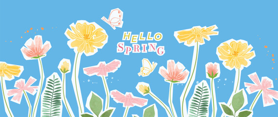 Hello Spring watercolor flower background vector with pastel wildflower meadow, butterfly, and blue sky. Fresh seasonal floral design for banner, greeting card, wallpaper, poster, and branding. © TWINS DESIGN STUDIO