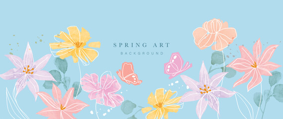 Spring watercolor flower background vector with pastel floral frame in blue pink yellow and purple. Fresh botanical design for banner, wallpaper, greeting card, invitation and branding. © TWINS DESIGN STUDIO