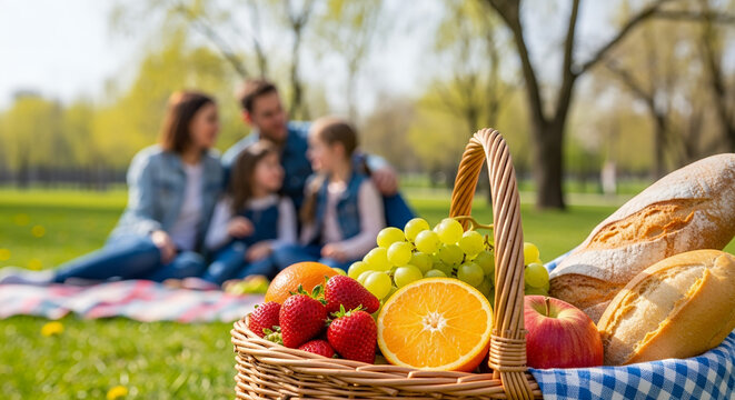 Family enjoying picnic in park with fruits and bread in basket  