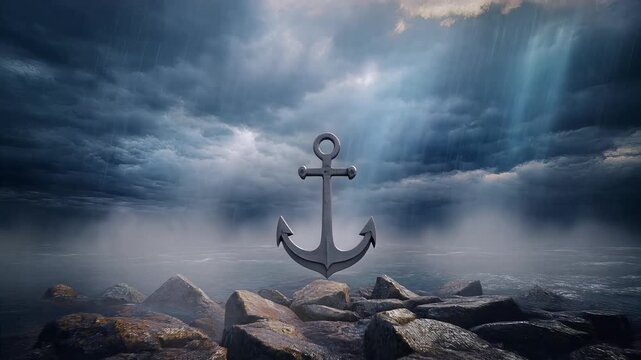 Metal anchor standing firm on rocky shore against stormy sea and dramatic sky, symbolizing hope, strength, and resilience in turbulent times, representing stability and