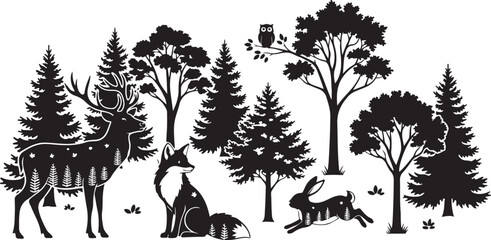 Fototapeta na wymiar white background forest animals scene black silhouette vector