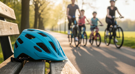 Fototapeta premium Blue bicycle helmet resting on bench with family biking in park 