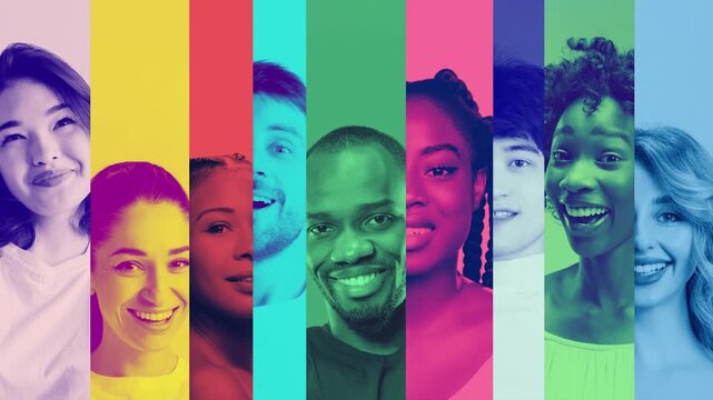 Promo video. Inclusive smiling faces in vibrant spectrum stripe collage. Concept of social awareness campaign, diversity marketing strategy and global community branding visuals.