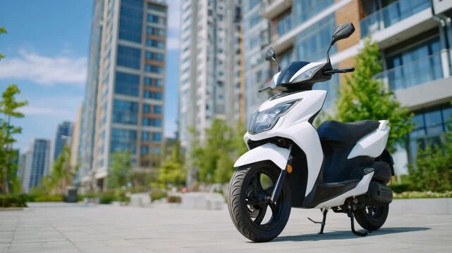 151White scooter parked on a sidewalk, close-up angle focusing on front section and wheel, tall building in the background, shallow depth of field, modern metropolitan atmosphere